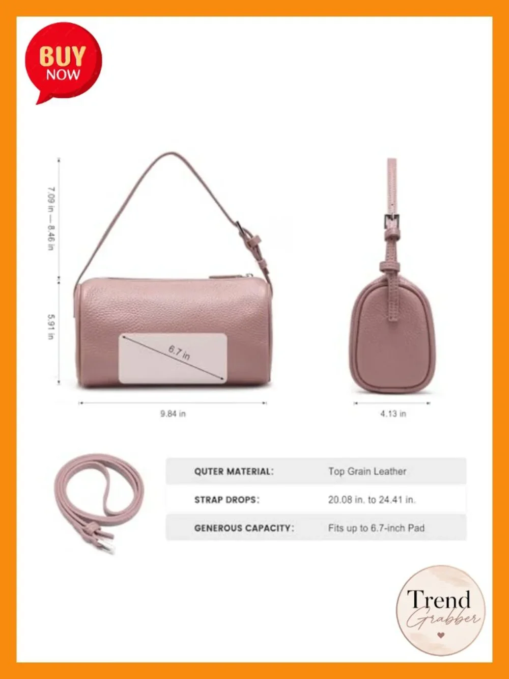 Full-Grain Leather Mini Barrel Crossbody Bag Shoulder Purse for Women